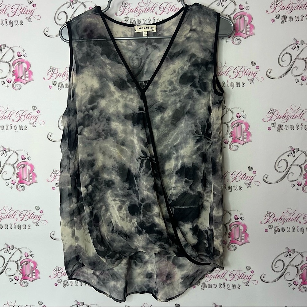 Faith and Joy tank top tie dye Black and Gray Vneck flowy Sleeveless Blouse
